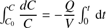 Équation en notation Latex : \int_{C_0}^C \frac{dC}{C}=-\frac{Q}{V} \int_0^t \, \mathrm dt