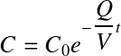 Équation en notation Latex : C=C_0e^{-\frac{Q}{V}t}
