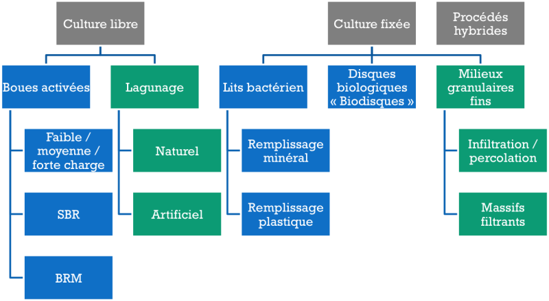 Panorama des différents procédés biologiques - En vert : filières extensives ; en bleu : filières intensives
