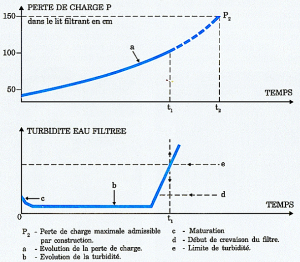 Évolution de la perte de charge et de la turbidité au cours d'un cycle de filtration